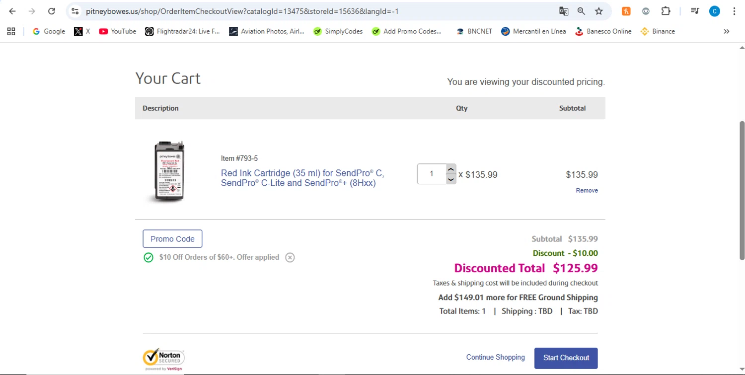 Pitney Bowes promo code screenshot showing code SAVE10NOW applied at Pitney Bowes checkout page. Uploaded by SimplyCodes community member victor on Feb 25, 2026