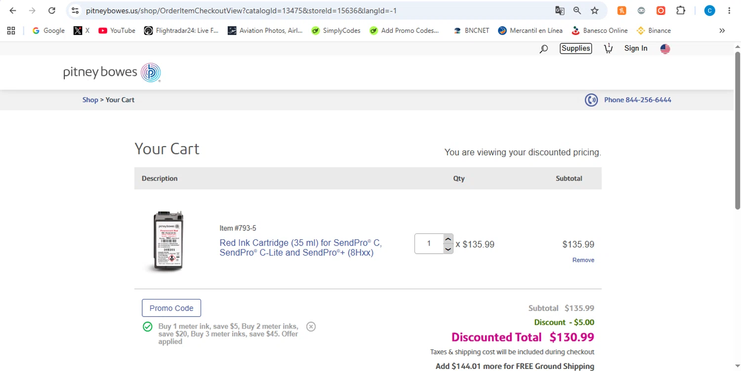 Pitney Bowes promo code screenshot showing code SAVEPBINK applied at Pitney Bowes checkout page. Uploaded by SimplyCodes community member victor on Jun 11, 2026