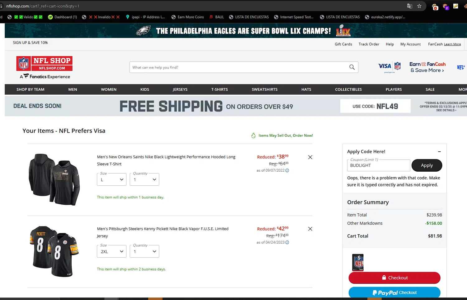 Pittsburgh Steelers promo code screenshot showing code BUDLIGHT applied at Pittsburgh Steelers checkout page. Uploaded by SimplyCodes community member SavvySeeker200 on Feb 12, 2025