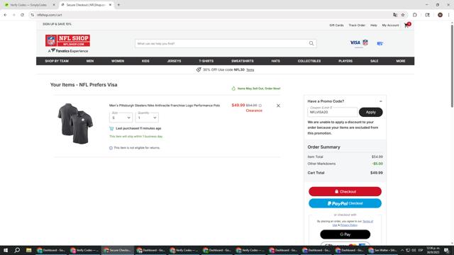 Pittsburgh Steelers checkout page showing Pittsburgh Steelers promo code box | Screenshot taken by SimplyCodes community member on Sep 30, 2025
