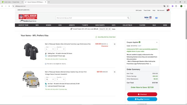 Pittsburgh Steelers checkout page showing Pittsburgh Steelers promo code box | Screenshot taken by SimplyCodes community member on Sep 6, 2025