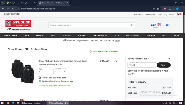 Pittsburgh Steelers checkout page showing Pittsburgh Steelers promo code box | Screenshot taken by SimplyCodes community member on Sep 2, 2025