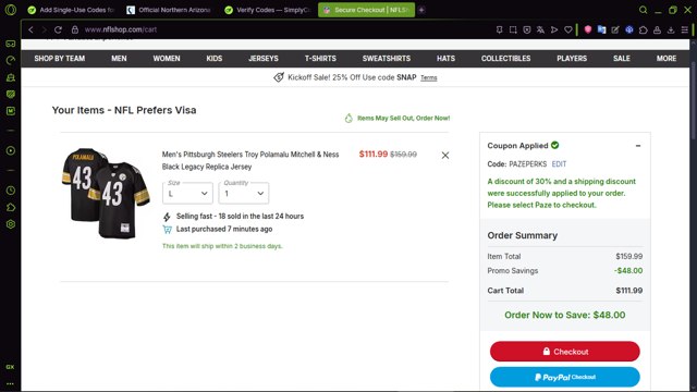 Pittsburgh Steelers checkout page showing Pittsburgh Steelers promo code box | Screenshot taken by SimplyCodes community member on Sep 5, 2025
