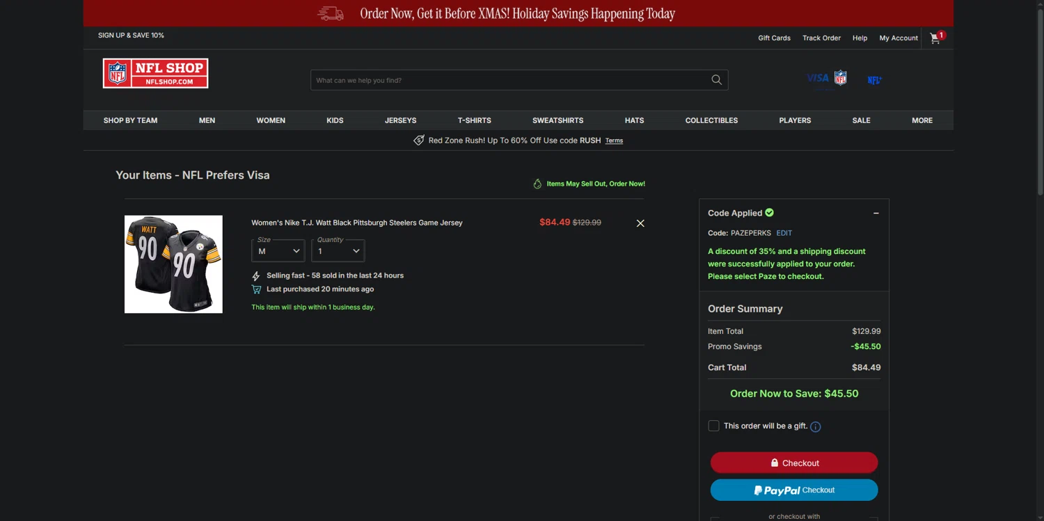 Pittsburgh Steelers promo code screenshot showing code PAZEPERKS applied at Pittsburgh Steelers checkout page. Uploaded by SimplyCodes community member CrownExpert4084 on Dec 13, 2025