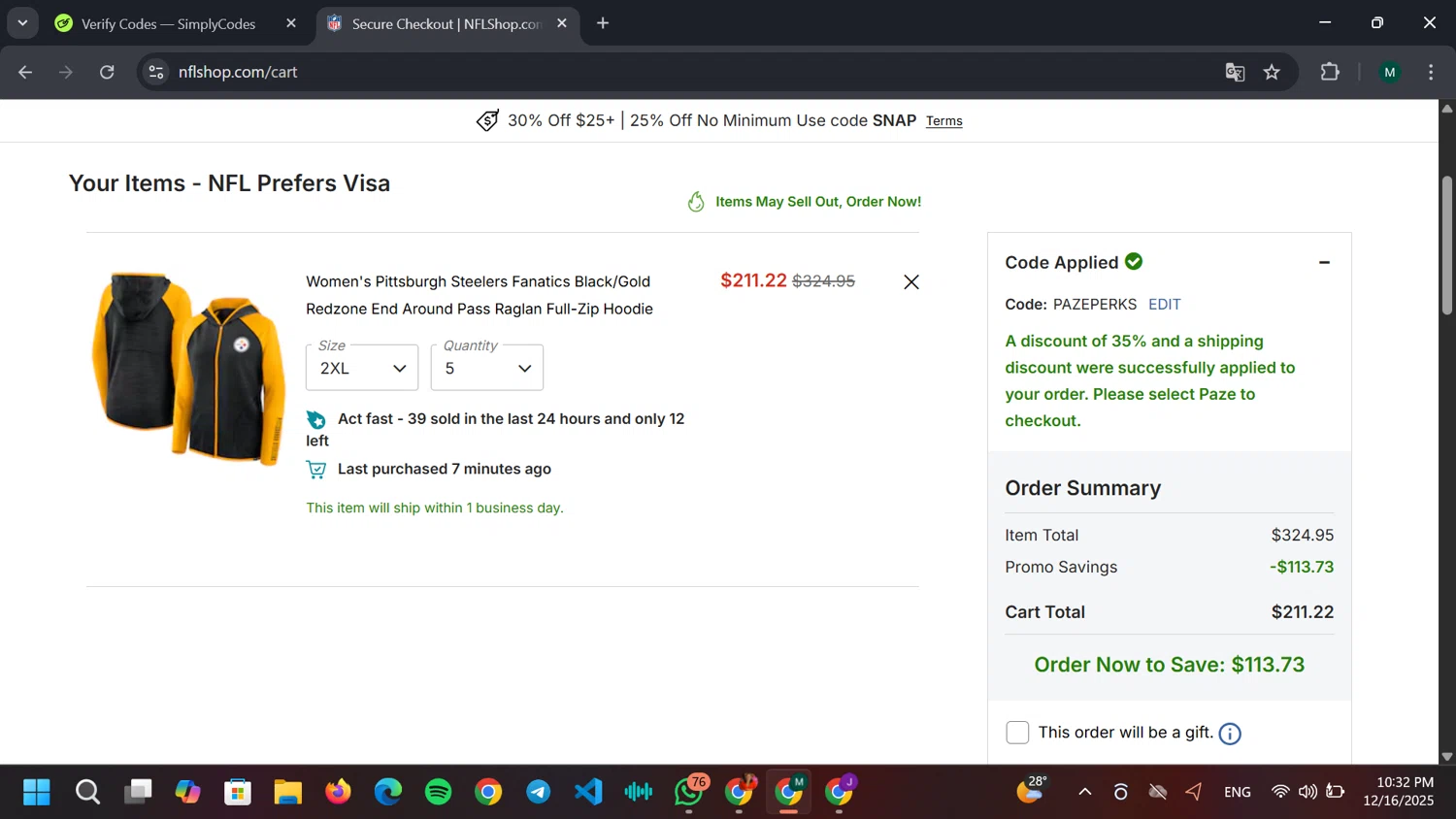 Pittsburgh Steelers promo code screenshot showing code PAZEPERKS applied at Pittsburgh Steelers checkout page. Uploaded by SimplyCodes community member JPRJOESTAR on Dec 17, 2025