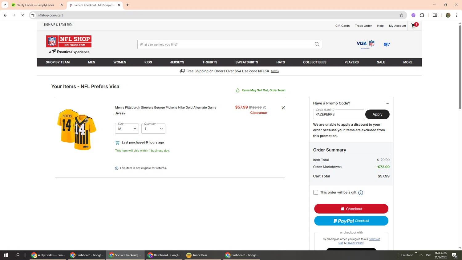 Pittsburgh Steelers checkout page showing Pittsburgh Steelers promo code box | Screenshot taken by SimplyCodes community member on Feb 21, 2026