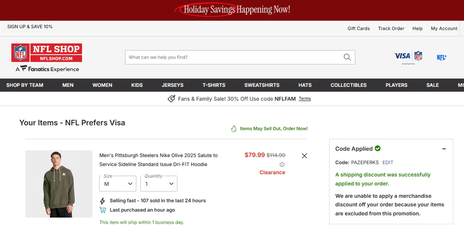 Pittsburgh Steelers promo code screenshot showing code PAZEPERKS applied at Pittsburgh Steelers checkout page. Uploaded by SimplyCodes community member diacelysduartesuarez on Dec 4, 2025