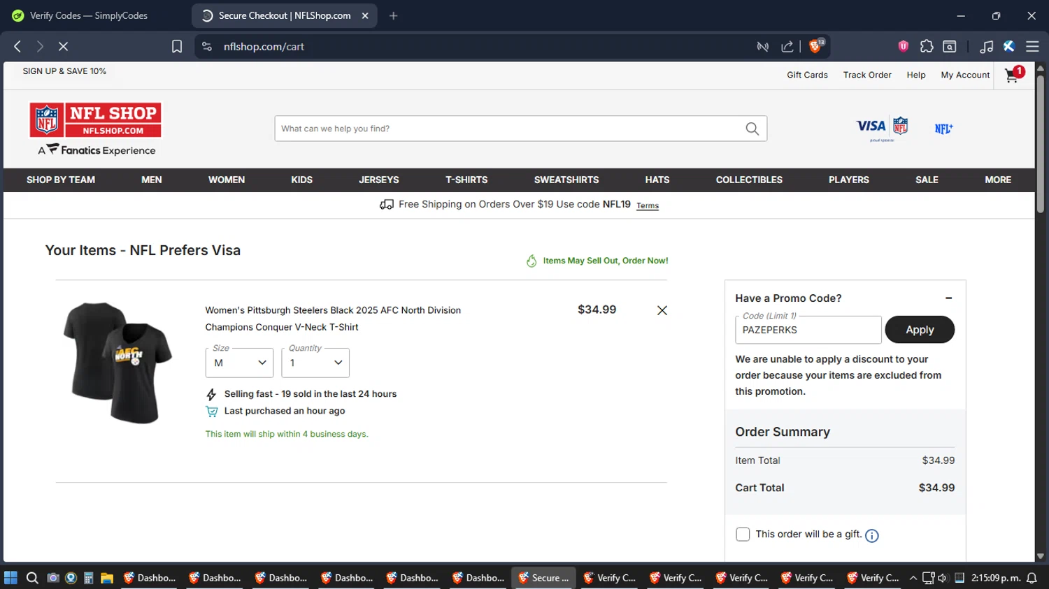 Pittsburgh Steelers checkout page showing Pittsburgh Steelers promo code box | Screenshot taken by SimplyCodes community member on Jan 11, 2026