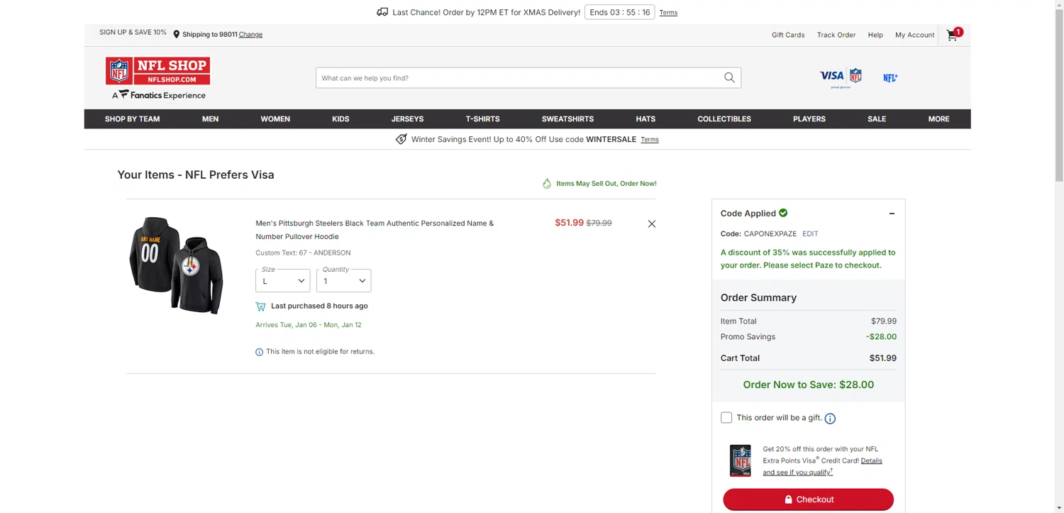 Pittsburgh Steelers checkout page showing Pittsburgh Steelers promo code box | Screenshot taken by SimplyCodes community member on Dec 22, 2025