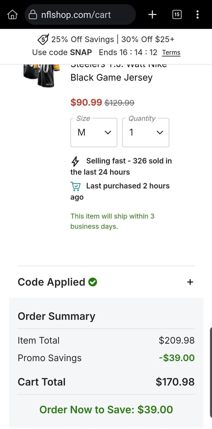 Pittsburgh Steelers promo code screenshot showing code PAZE applied at Pittsburgh Steelers checkout page. Uploaded by SimplyCodes community member Carloslvz on Dec 2, 2025