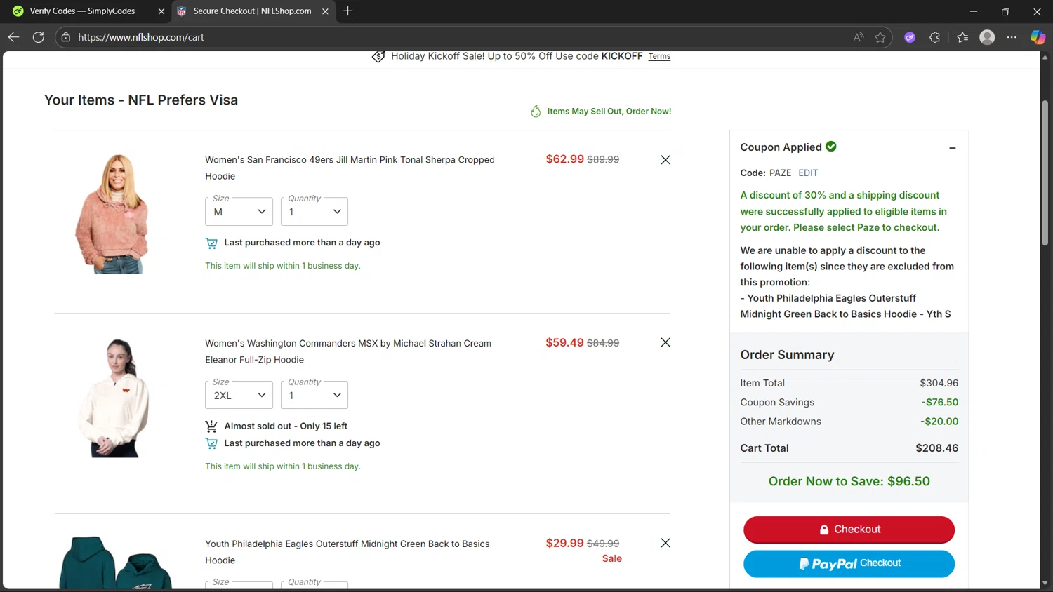 Pittsburgh Steelers promo code screenshot showing code PAZE applied at Pittsburgh Steelers checkout page. Uploaded by SimplyCodes community member MightyHunter5940 on Nov 9, 2025
