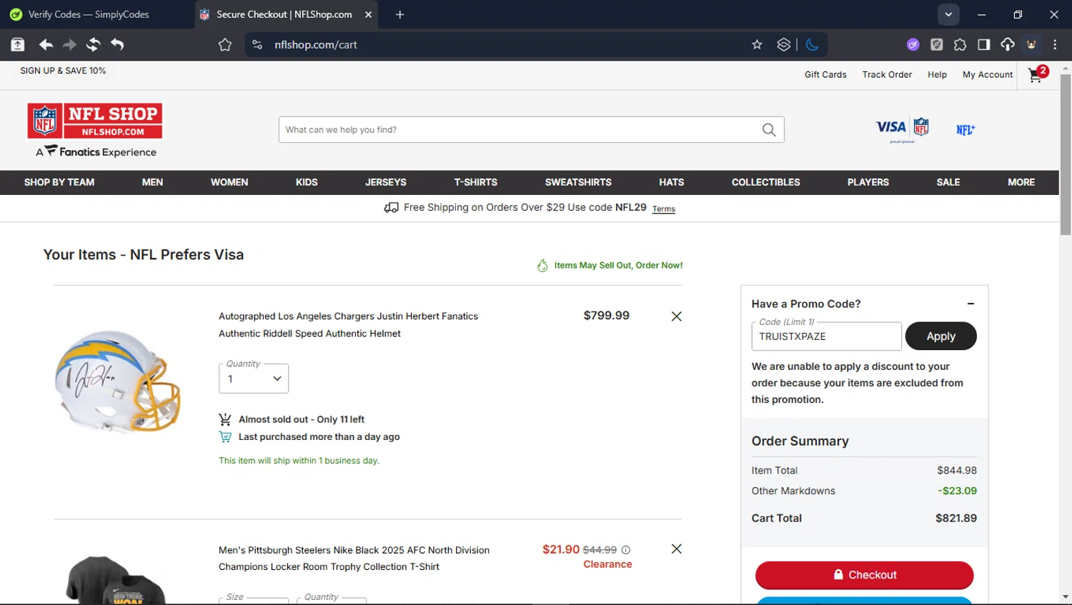 Pittsburgh Steelers promo code screenshot showing code TRUISTXPAZE applied at Pittsburgh Steelers checkout page. Uploaded by SimplyCodes community member BrilliantTitan6909 on Jan 24, 2026