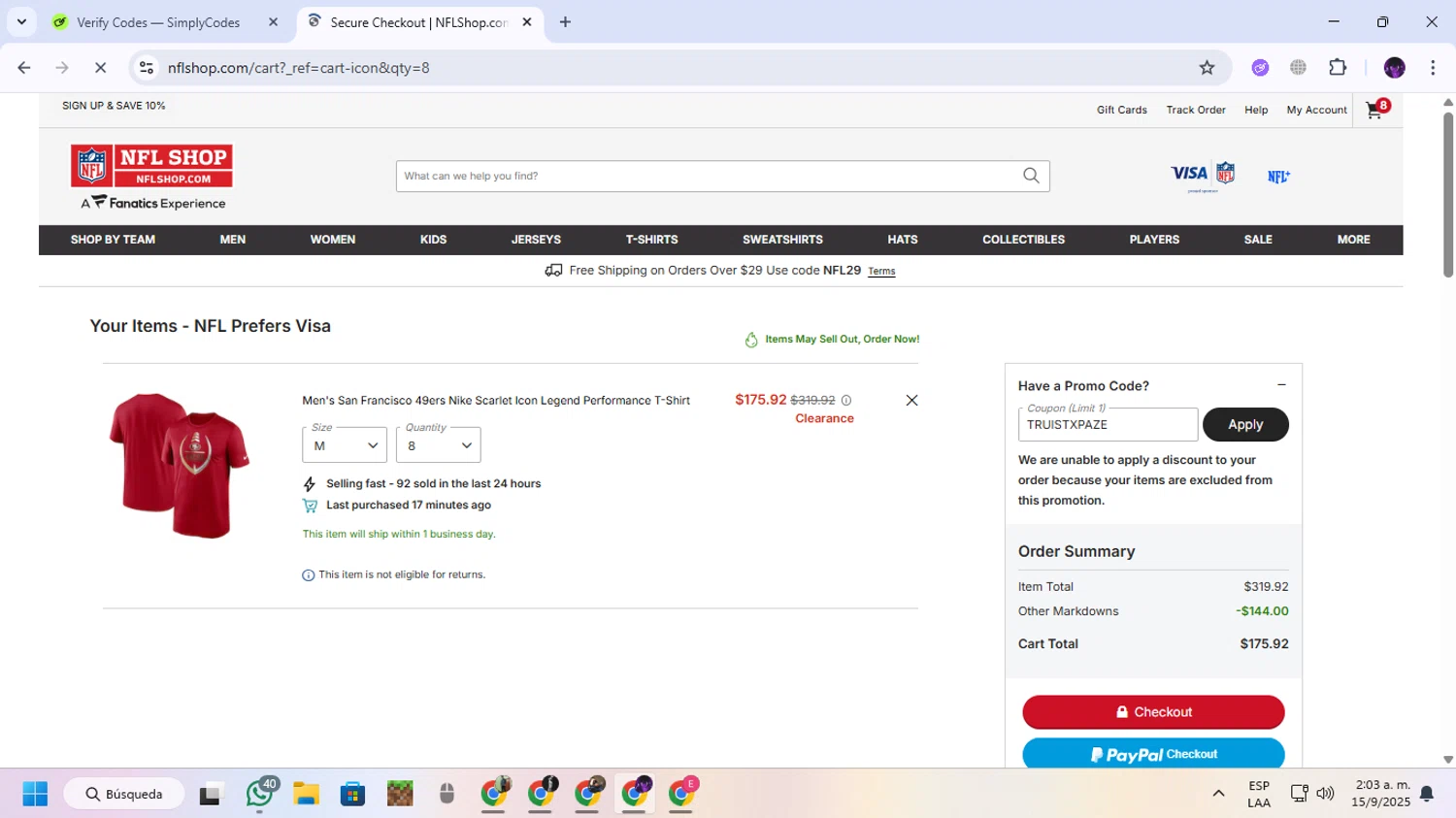 Pittsburgh Steelers promo code screenshot showing code TRUISTXPAZE applied at Pittsburgh Steelers checkout page. Uploaded by SimplyCodes community member GloriousGuardian9063 on Sep 15, 2025