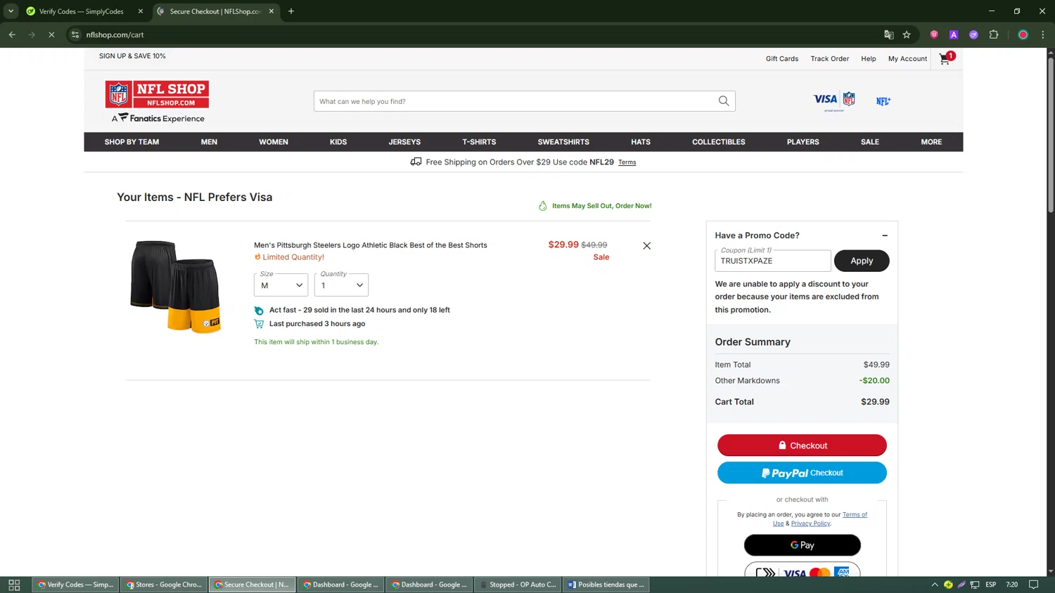 Pittsburgh Steelers promo code screenshot showing code TRUISTXPAZE applied at Pittsburgh Steelers checkout page. Uploaded by SimplyCodes community member Michael_Brown on Sep 15, 2025