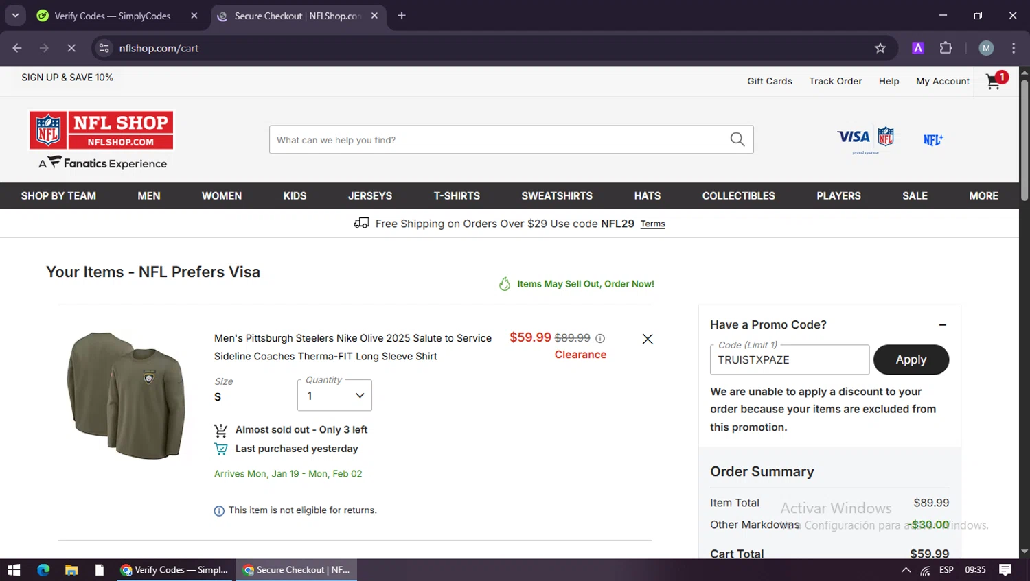 Pittsburgh Steelers promo code screenshot showing code TRUISTXPAZE applied at Pittsburgh Steelers checkout page. Uploaded by SimplyCodes community member maraxo on Jan 4, 2026