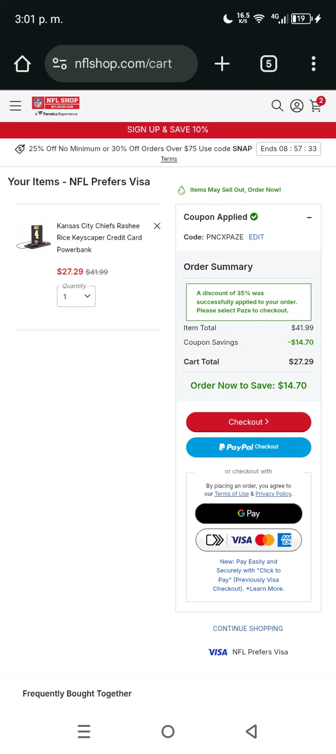 Pittsburgh Steelers promo code screenshot showing code PNCXPAZE applied at Pittsburgh Steelers checkout page. Uploaded by SimplyCodes community member Eltoro20 on Oct 14, 2025