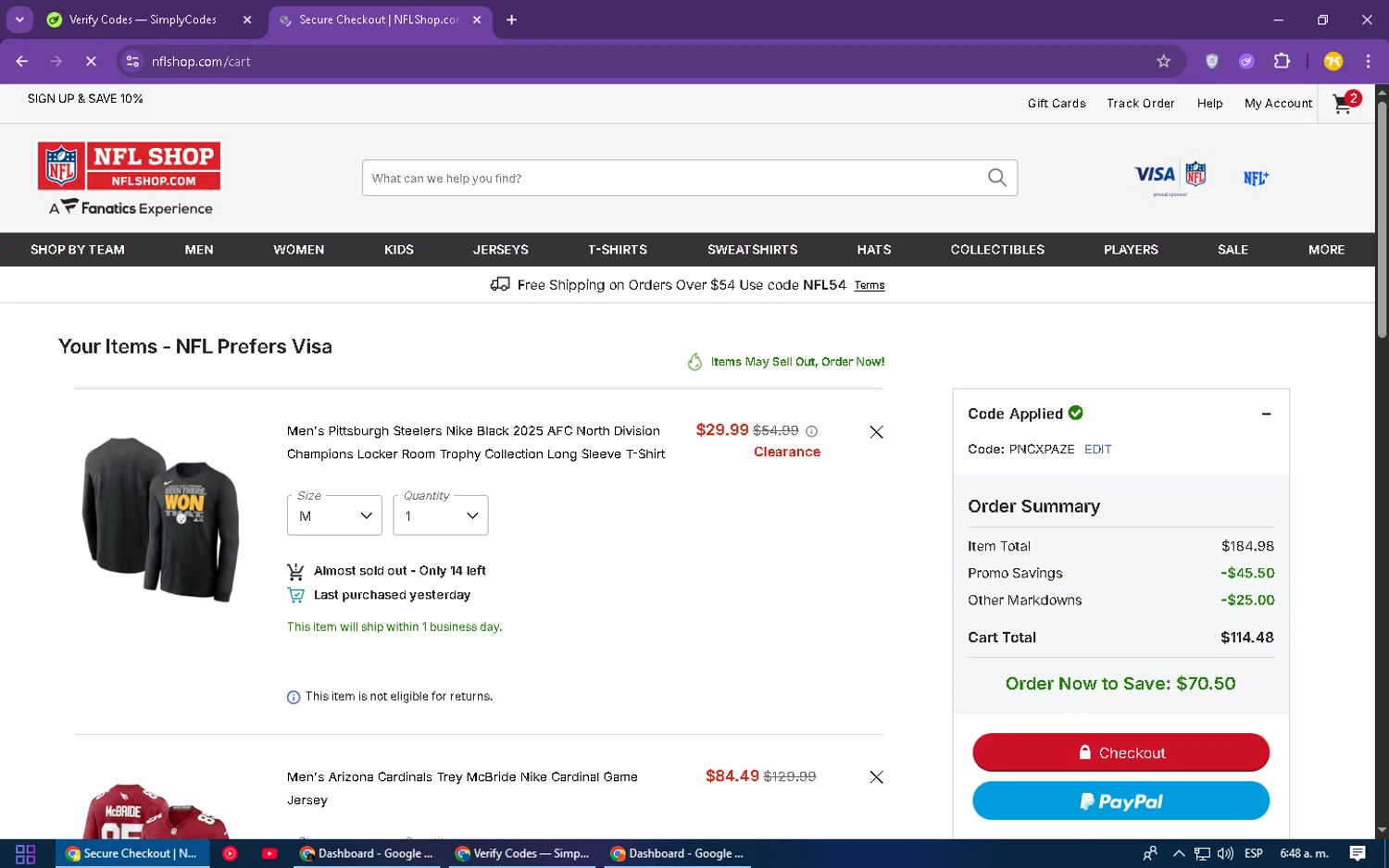 Pittsburgh Steelers checkout page showing Pittsburgh Steelers promo code box | Screenshot taken by SimplyCodes community member on Feb 21, 2026