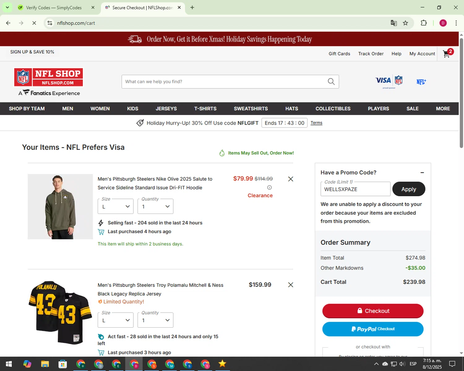 Pittsburgh Steelers promo code screenshot showing code WELLSXPAZE applied at Pittsburgh Steelers checkout page. Uploaded by SimplyCodes community member 000012 on Dec 8, 2025