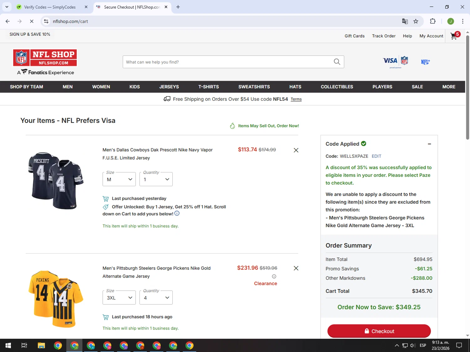 Pittsburgh Steelers promo code screenshot showing code WELLSXPAZE applied at Pittsburgh Steelers checkout page. Uploaded by SimplyCodes community member MightyFinder1041 on Feb 23, 2026