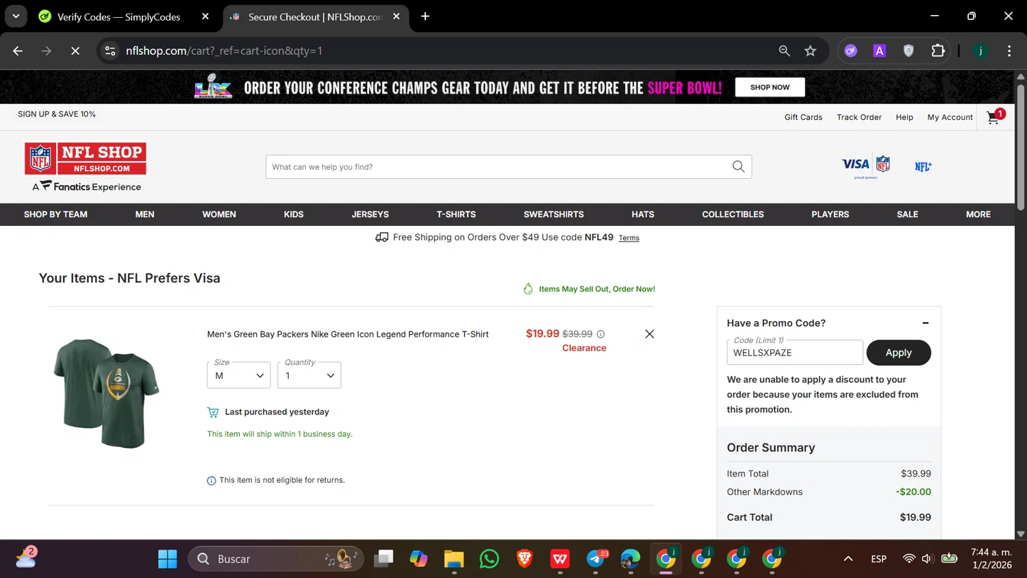 Pittsburgh Steelers promo code screenshot showing code WELLSXPAZE applied at Pittsburgh Steelers checkout page. Uploaded by SimplyCodes community member hanzell03 on Feb 1, 2026