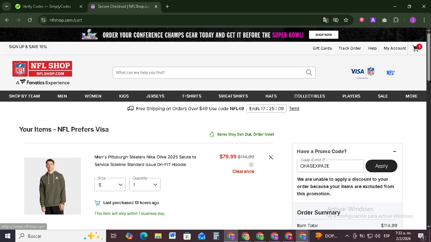 Pittsburgh Steelers promo code screenshot showing code CHASEXPAZE applied at Pittsburgh Steelers checkout page. Uploaded by SimplyCodes community member Tazbravo on Feb 2, 2026