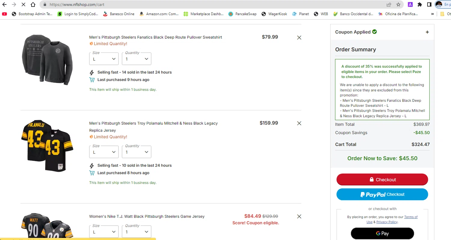 Pittsburgh Steelers promo code screenshot showing code CHASEXPAZE applied at Pittsburgh Steelers checkout page. Uploaded by SimplyCodes community member pollima on Nov 17, 2025