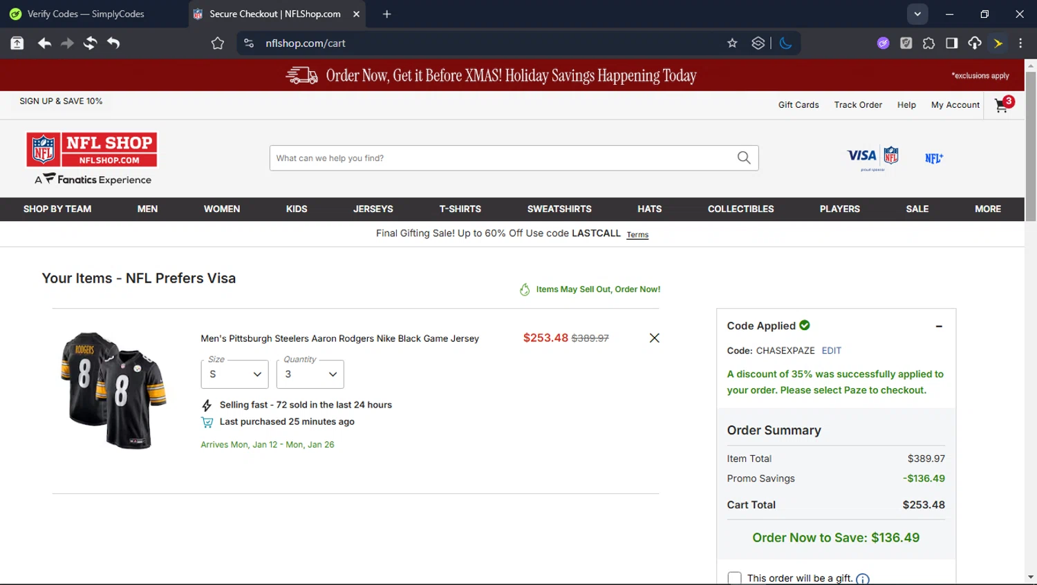 Pittsburgh Steelers promo code screenshot showing code CHASEXPAZE applied at Pittsburgh Steelers checkout page. Uploaded by SimplyCodes community member userrandon on Dec 20, 2025