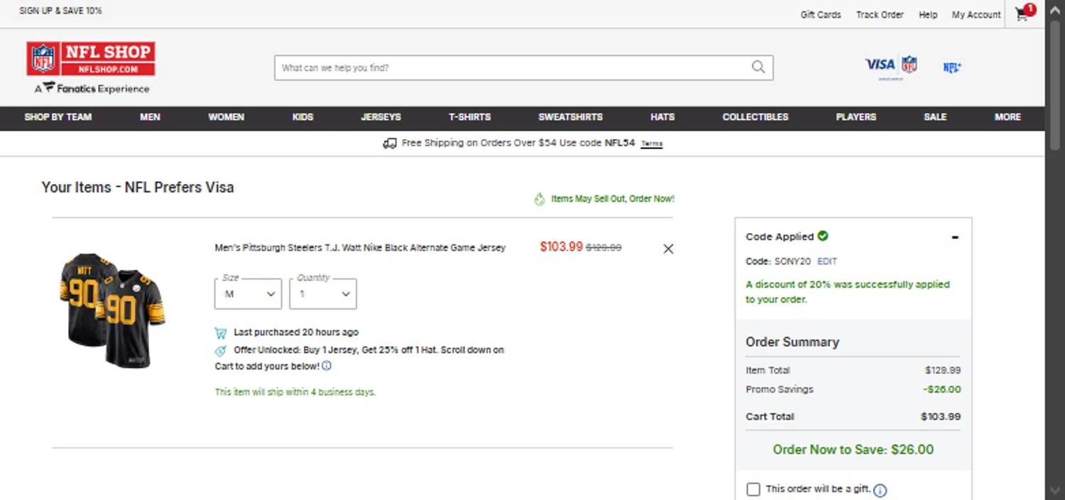 Pittsburgh Steelers promo code screenshot showing code SONY20 applied at Pittsburgh Steelers checkout page. Uploaded by SimplyCodes community member TraxoGamer on Feb 22, 2026