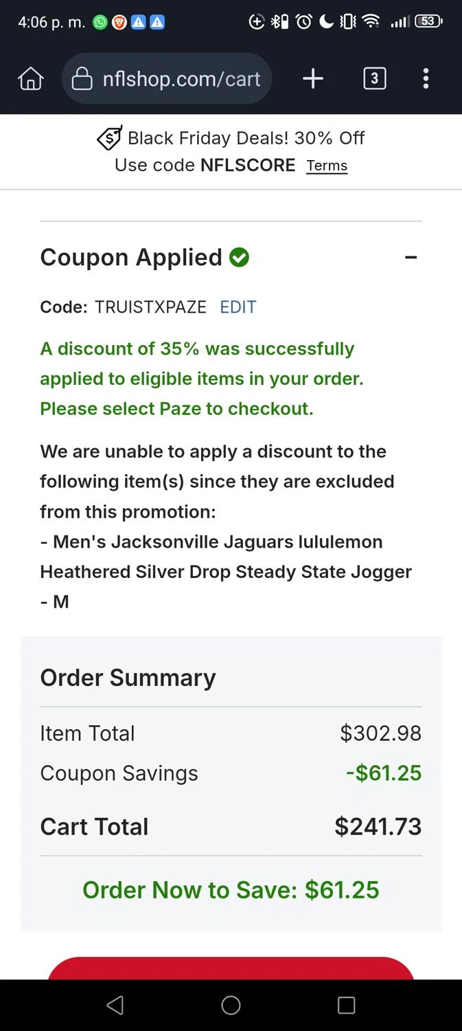 Pittsburgh Steelers promo code screenshot showing code TRUISTXPAZE applied at Pittsburgh Steelers checkout page. Uploaded by SimplyCodes community member Georg3 on Nov 25, 2025