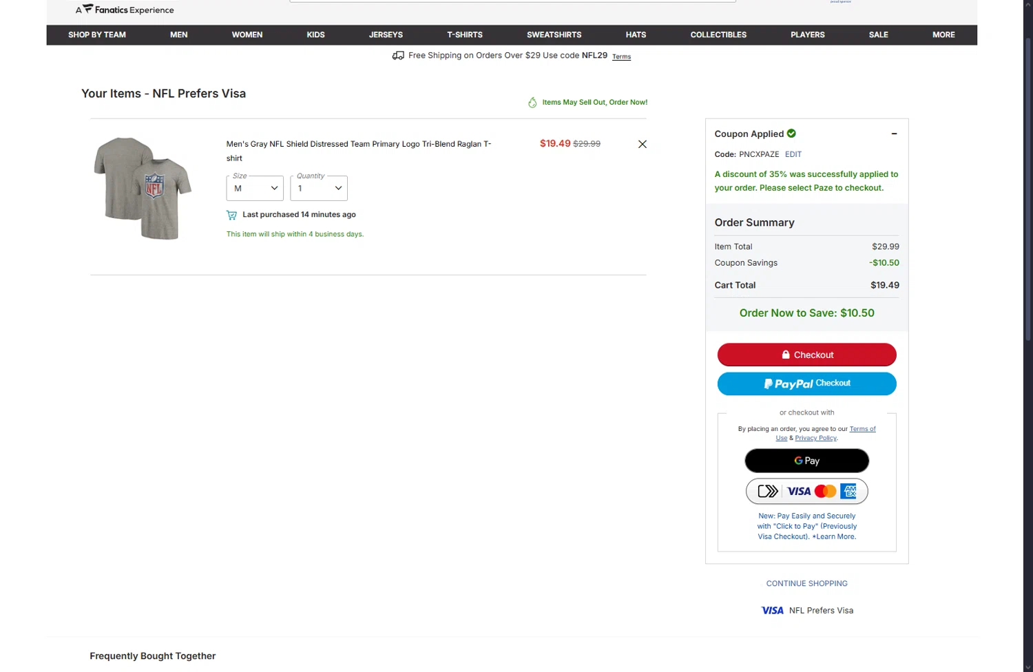 Pittsburgh Steelers promo code screenshot showing code PNCXPAZE applied at Pittsburgh Steelers checkout page. Uploaded by SimplyCodes community member User404 on Sep 22, 2025