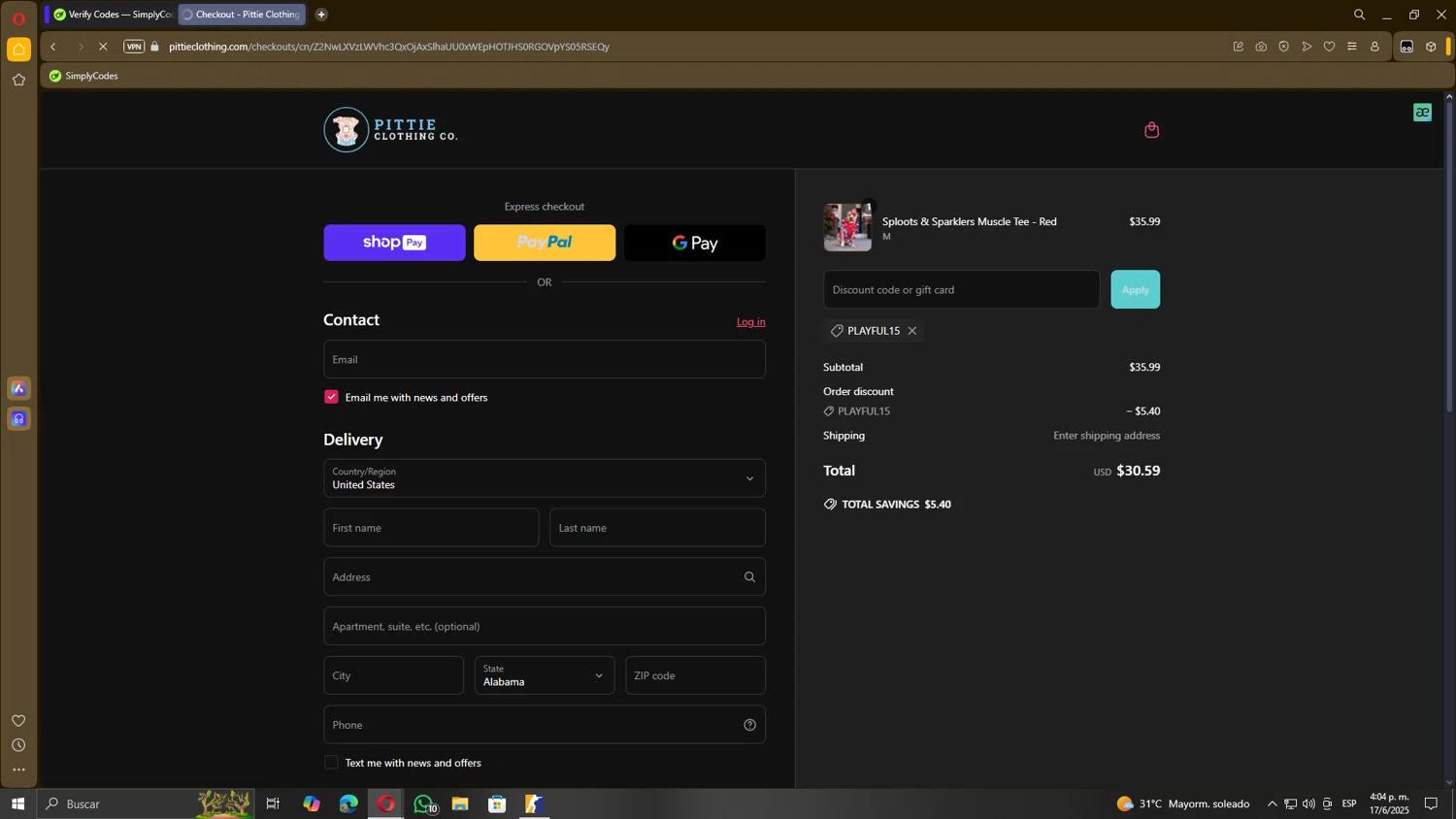Pittie Clothing discount code screenshot showing code PLAYFUL15 applied at Pittie Clothing checkout page. Uploaded by SimplyCodes community member KingGhidorah on Jun 17, 2025