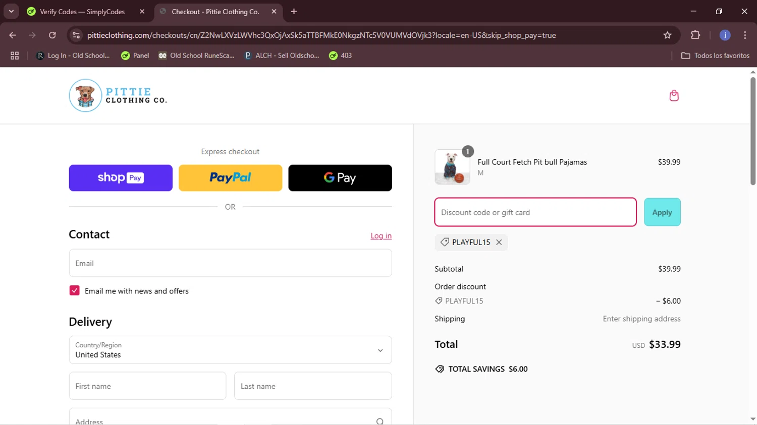 Pittie Clothing discount code screenshot showing code PLAYFUL15 applied at Pittie Clothing checkout page. Uploaded by SimplyCodes community member CouponOwl5049 on Mar 10, 2025