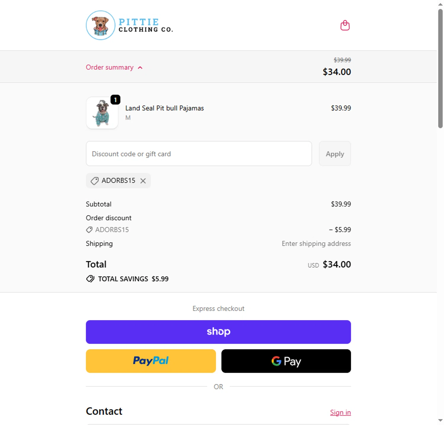 Pittie Clothing discount code screenshot showing code ADORBS15 applied at Pittie Clothing checkout page. Uploaded by SimplyCodes community member Alejandra10 on Oct 30, 2025