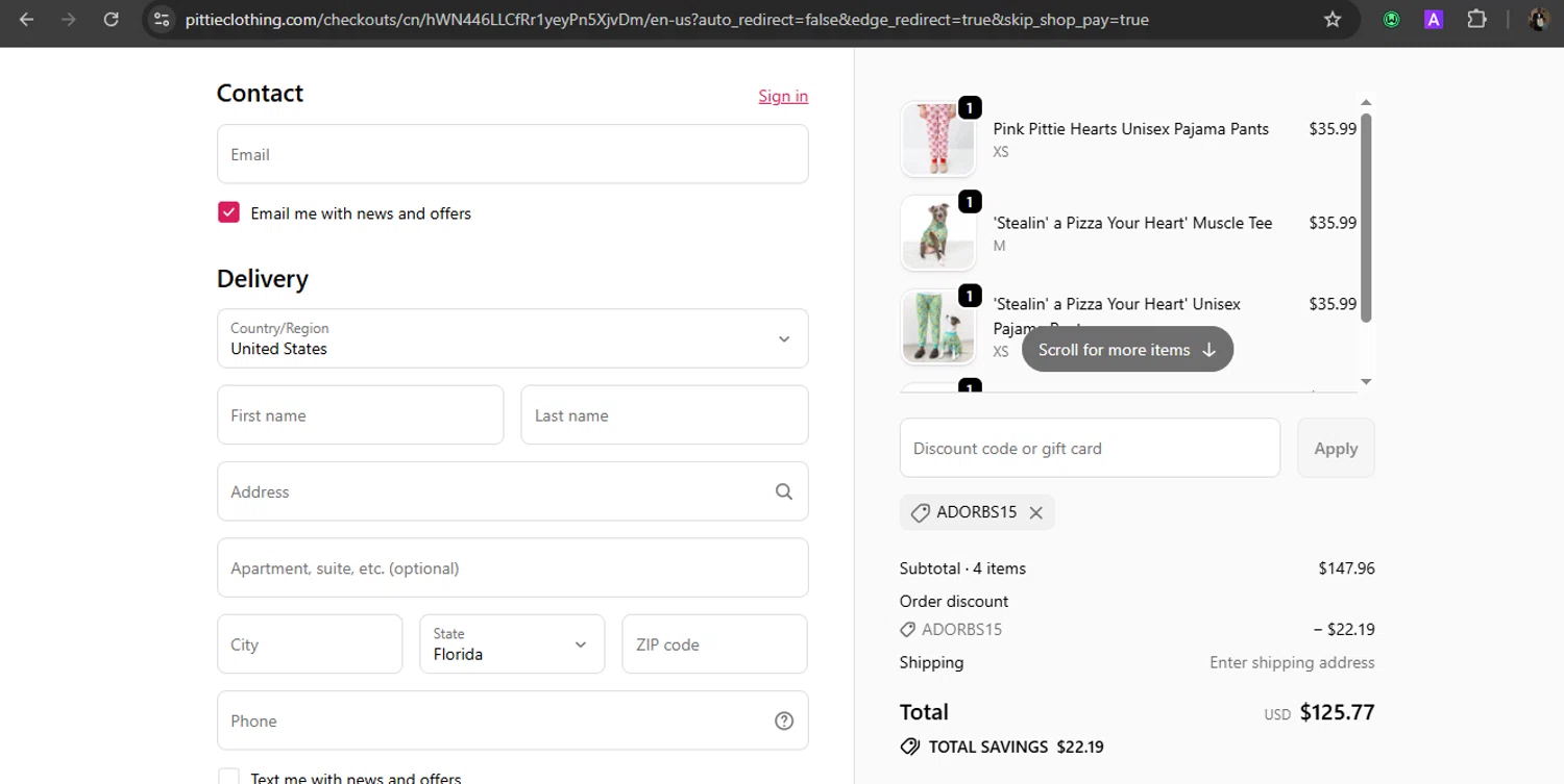 Pittie Clothing discount code screenshot showing code ADORBS15 applied at Pittie Clothing checkout page. Uploaded by SimplyCodes community member WiseLegend5590 on Oct 13, 2025