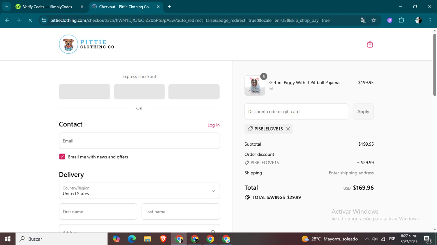 Pittie Clothing discount code screenshot showing code PIBBLELOVE15 applied at Pittie Clothing checkout page. Uploaded by SimplyCodes community member CleverSage9163 on Jul 30, 2025