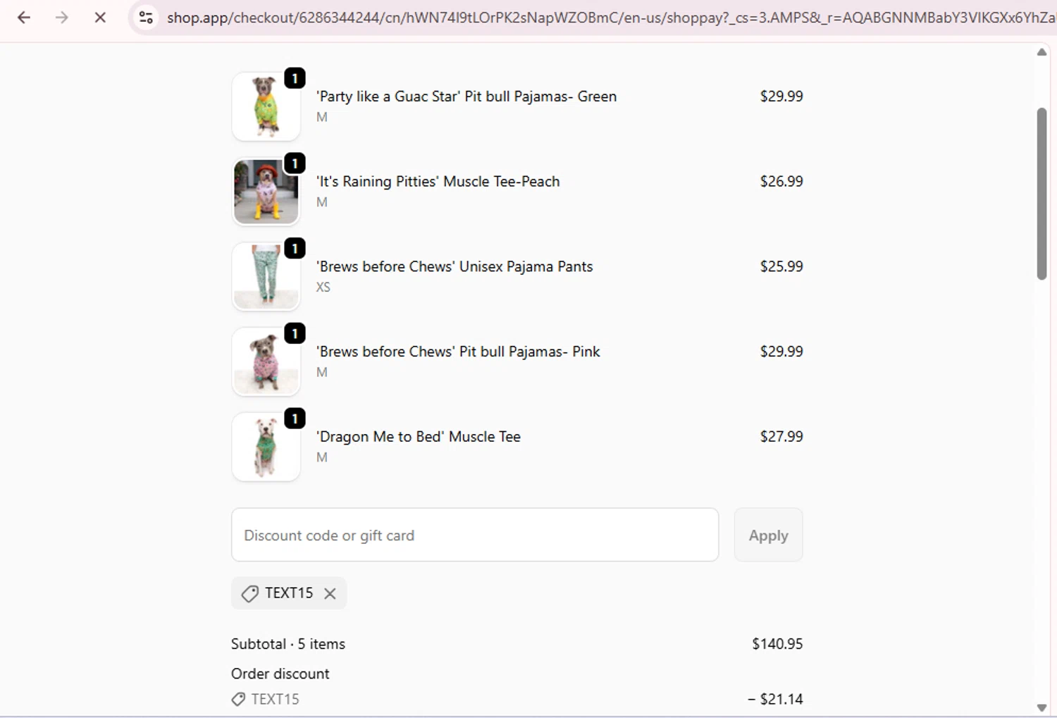 Pittie Clothing discount code screenshot showing code TEXT15 applied at Pittie Clothing checkout page. Uploaded by SimplyCodes community member PromoExpert5262 on Dec 31, 2025