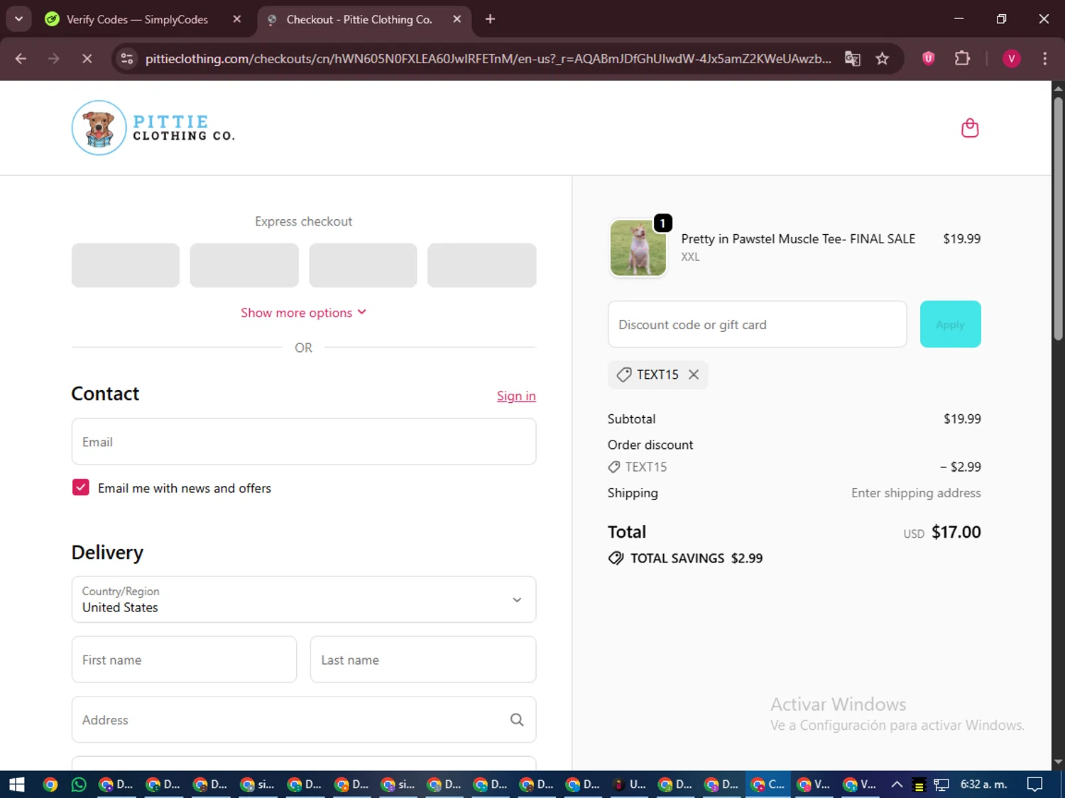 Pittie Clothing discount code screenshot showing code TEXT15 applied at Pittie Clothing checkout page. Uploaded by SimplyCodes community member ShieldEagle6102 on Dec 3, 2025