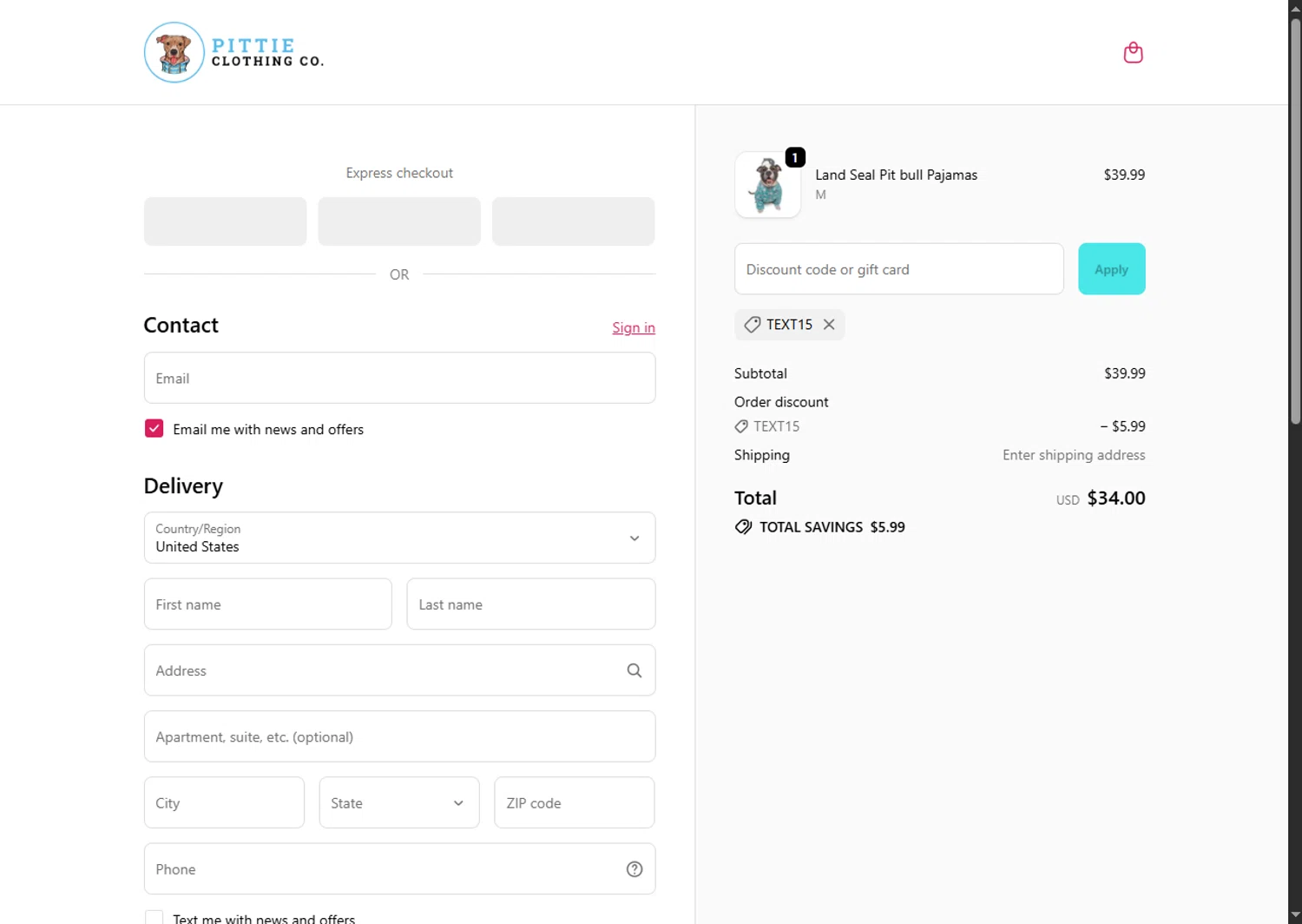 Pittie Clothing discount code screenshot showing code TEXT15 applied at Pittie Clothing checkout page. Uploaded by SimplyCodes community member VoucherFinder3467 on Jan 21, 2026