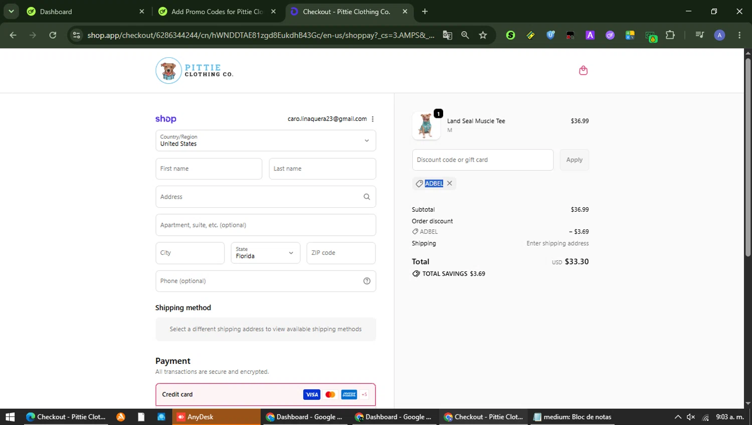Pittie Clothing promo code screenshot showing code ADBEL applied at Pittie Clothing checkout page. Uploaded by SimplyCodes community member Carolina23 on Jun 18, 2026