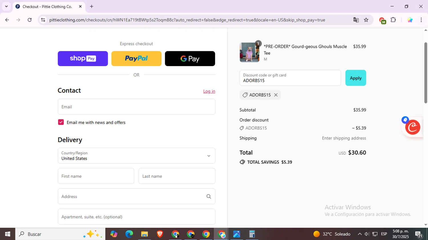 Pittie Clothing discount code screenshot showing code ADORBS15 applied at Pittie Clothing checkout page. Uploaded by SimplyCodes community member Estrellitacoairis on Jul 30, 2025