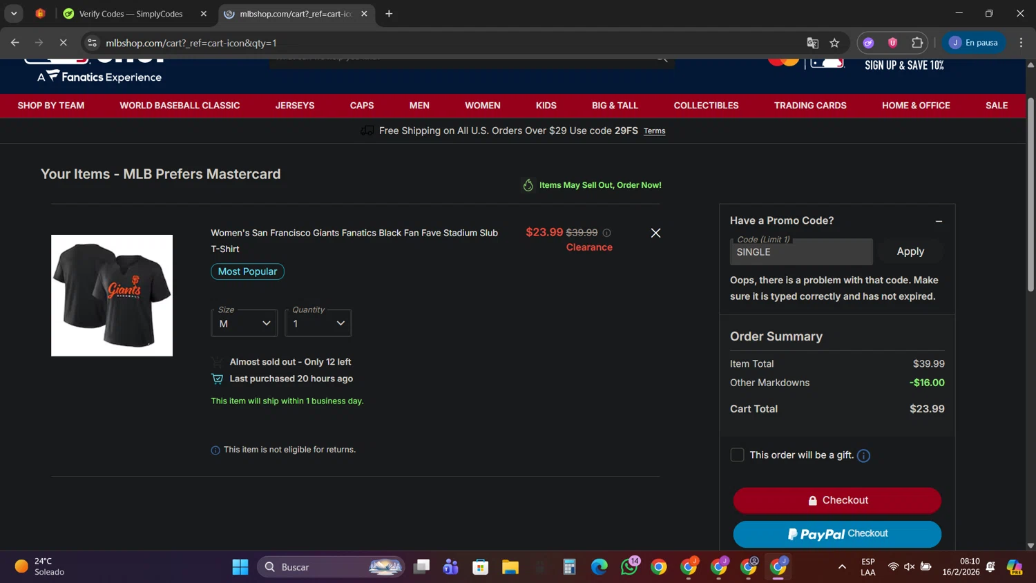 Pittsburgh Pirates promo code screenshot showing code SINGLE applied at Pittsburgh Pirates checkout page. Uploaded by SimplyCodes community member PennyScholar593 on Feb 16, 2026