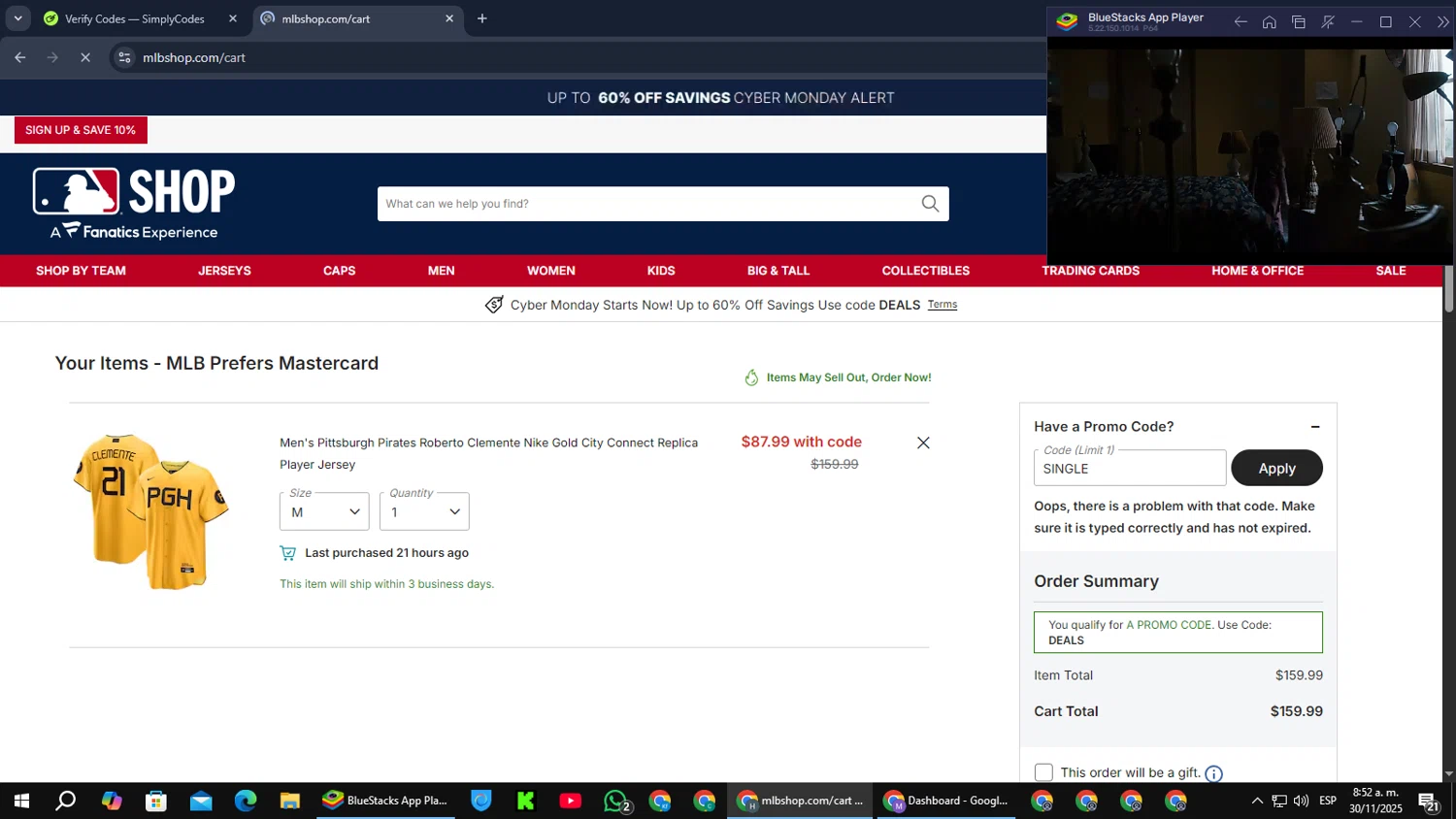 Pittsburgh Pirates promo code screenshot showing code SINGLE applied at Pittsburgh Pirates checkout page. Uploaded by SimplyCodes community member PromoScout8746 on Nov 30, 2025