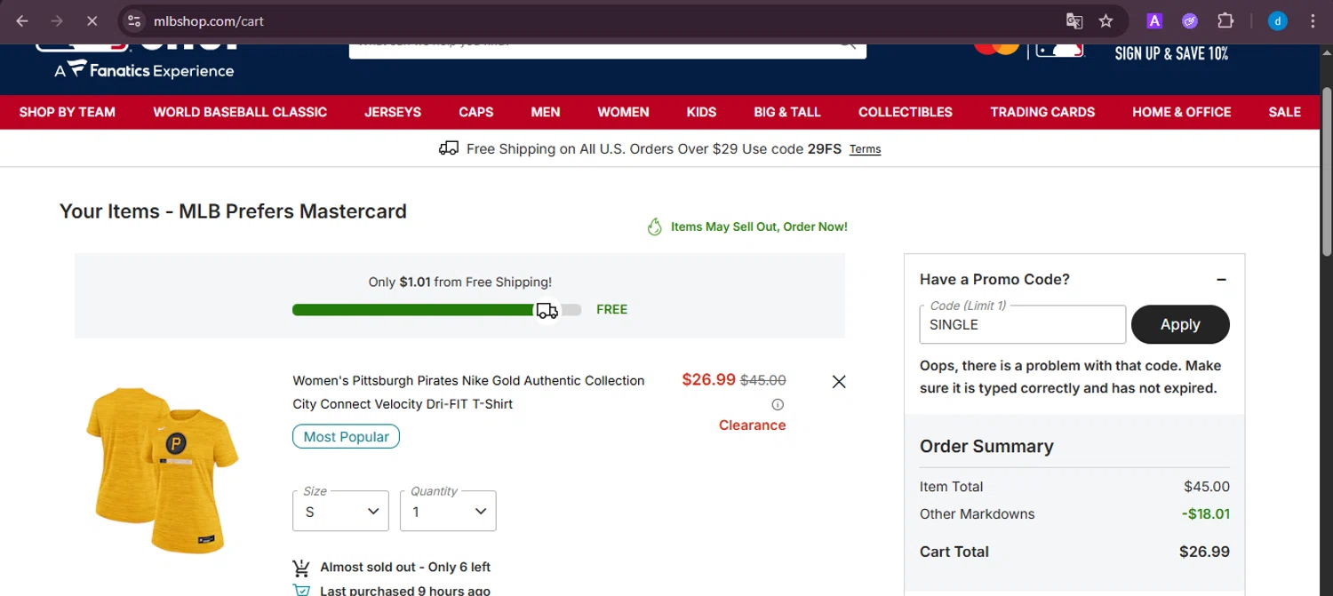 Pittsburgh Pirates promo code screenshot showing code SINGLE applied at Pittsburgh Pirates checkout page. Uploaded by SimplyCodes community member ShieldKnight4744 on Feb 16, 2026