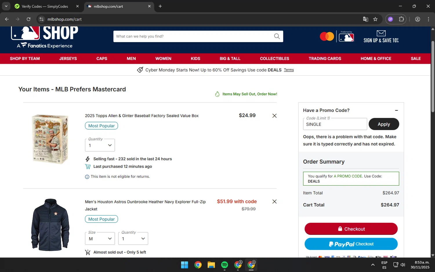 Pittsburgh Pirates promo code screenshot showing code SINGLE applied at Pittsburgh Pirates checkout page. Uploaded by SimplyCodes community member SilverPro4355 on Nov 30, 2025