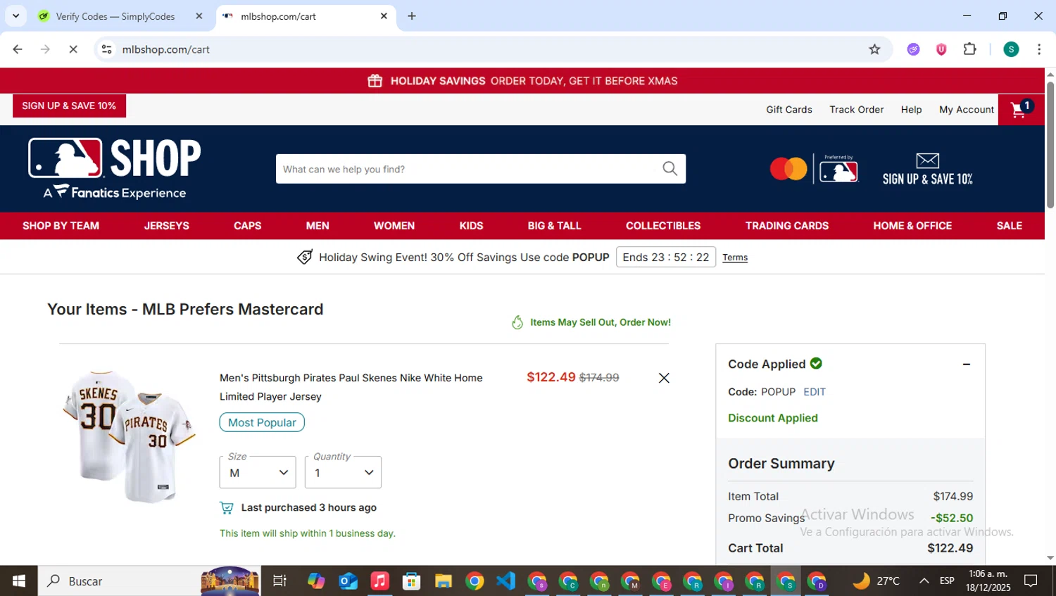 Pittsburgh Pirates checkout page showing Pittsburgh Pirates promo code box | Screenshot taken by SimplyCodes community member on Dec 18, 2025