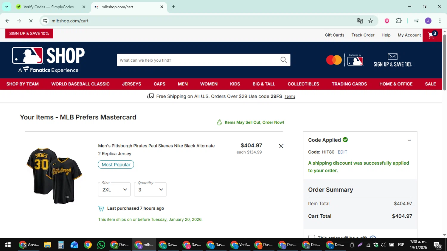 Pittsburgh Pirates checkout page showing Pittsburgh Pirates promo code box | Screenshot taken by SimplyCodes community member on Jan 19, 2026