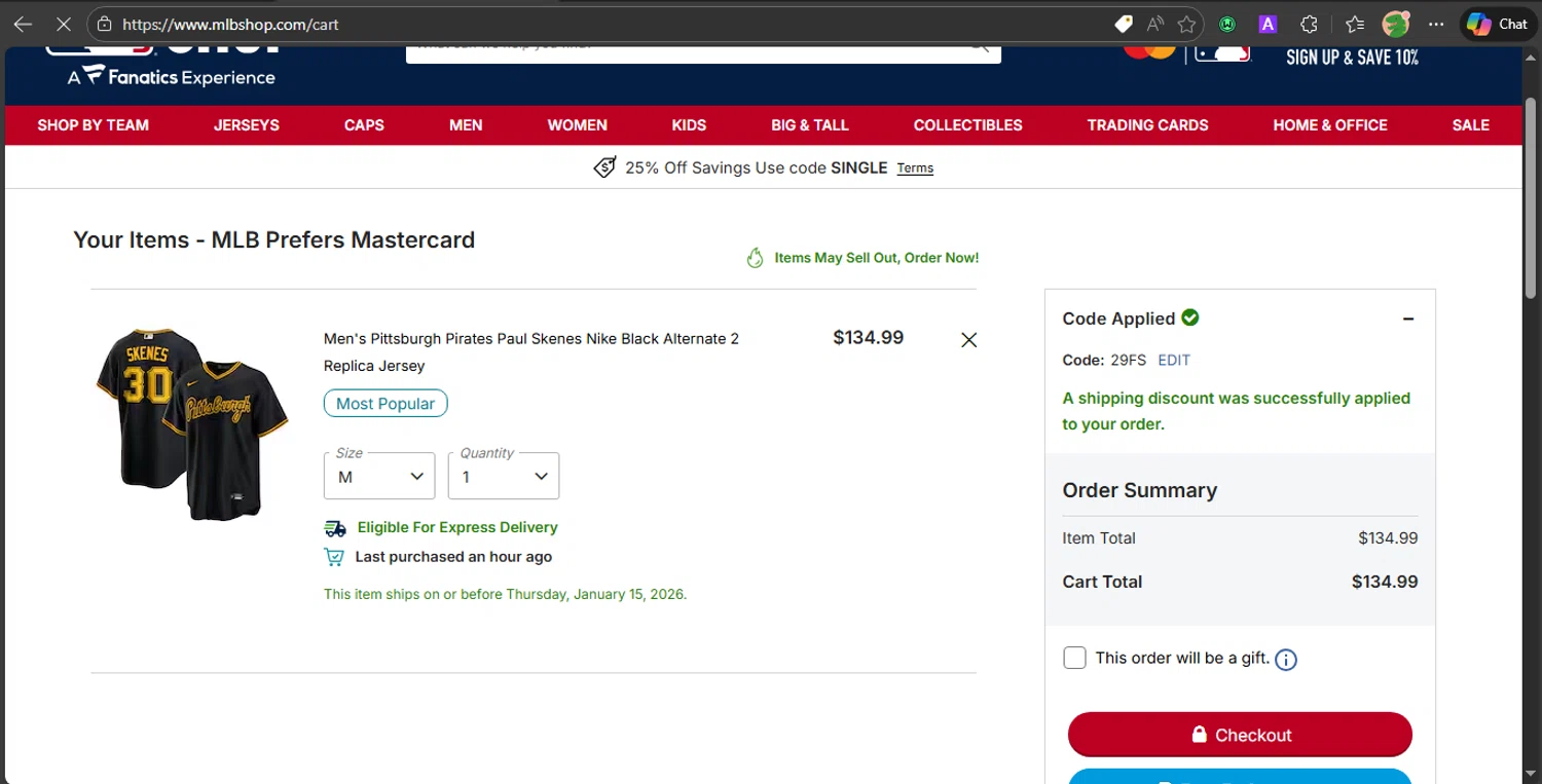 Pittsburgh Pirates promo code screenshot showing code 29FS applied at Pittsburgh Pirates checkout page. Uploaded by SimplyCodes community member PrincessCoupon on Jan 15, 2026