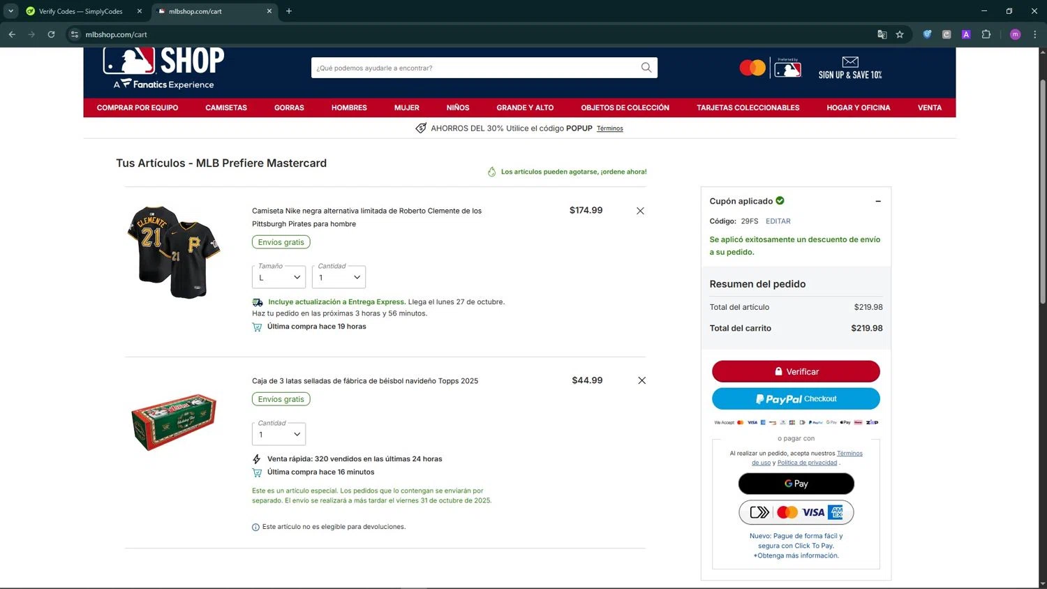 Pittsburgh Pirates promo code screenshot showing code 29FS applied at Pittsburgh Pirates checkout page. Uploaded by SimplyCodes community member TokenChaser4876 on Oct 23, 2025