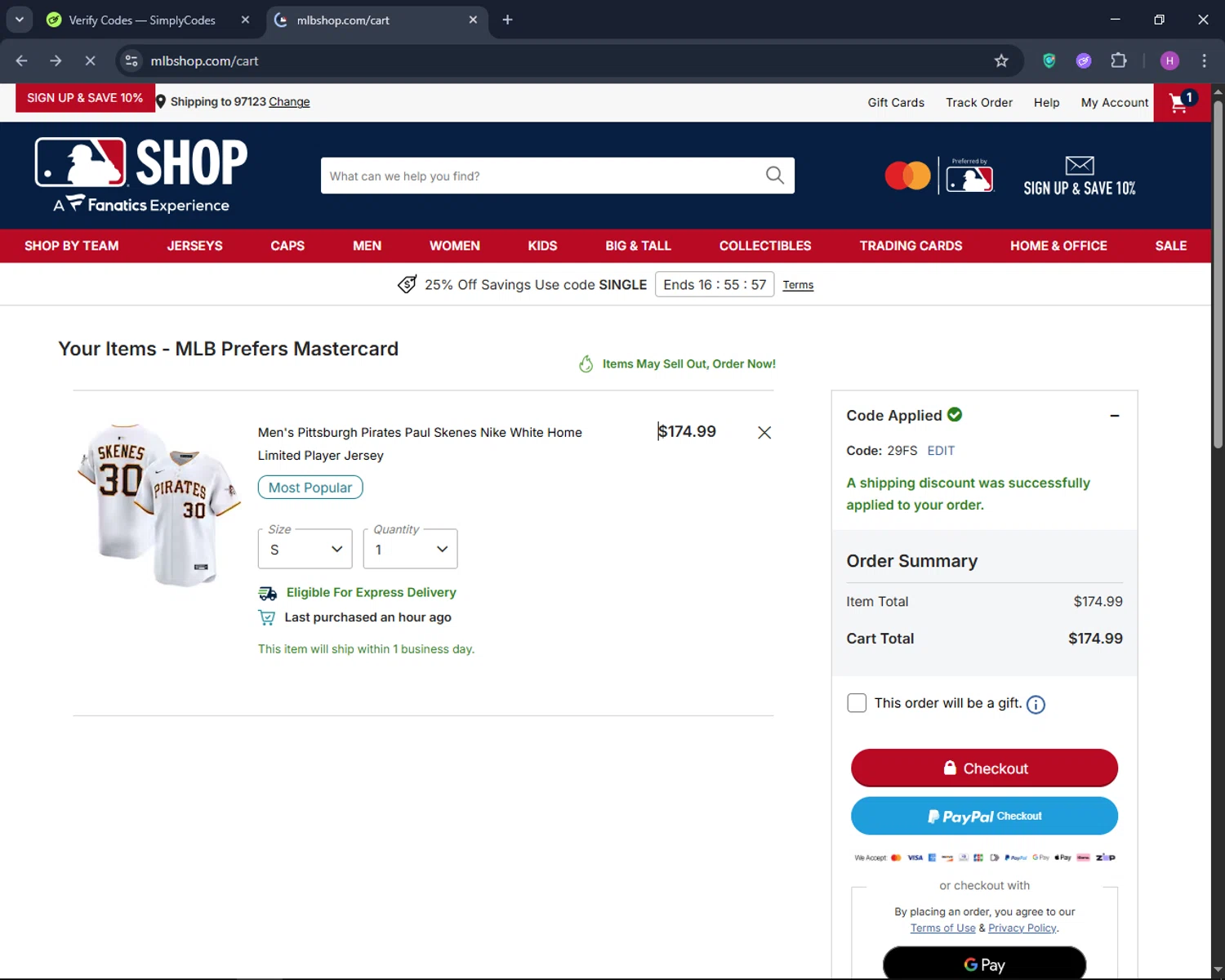 Pittsburgh Pirates checkout page showing Pittsburgh Pirates promo code box | Screenshot taken by SimplyCodes community member on Jan 9, 2026