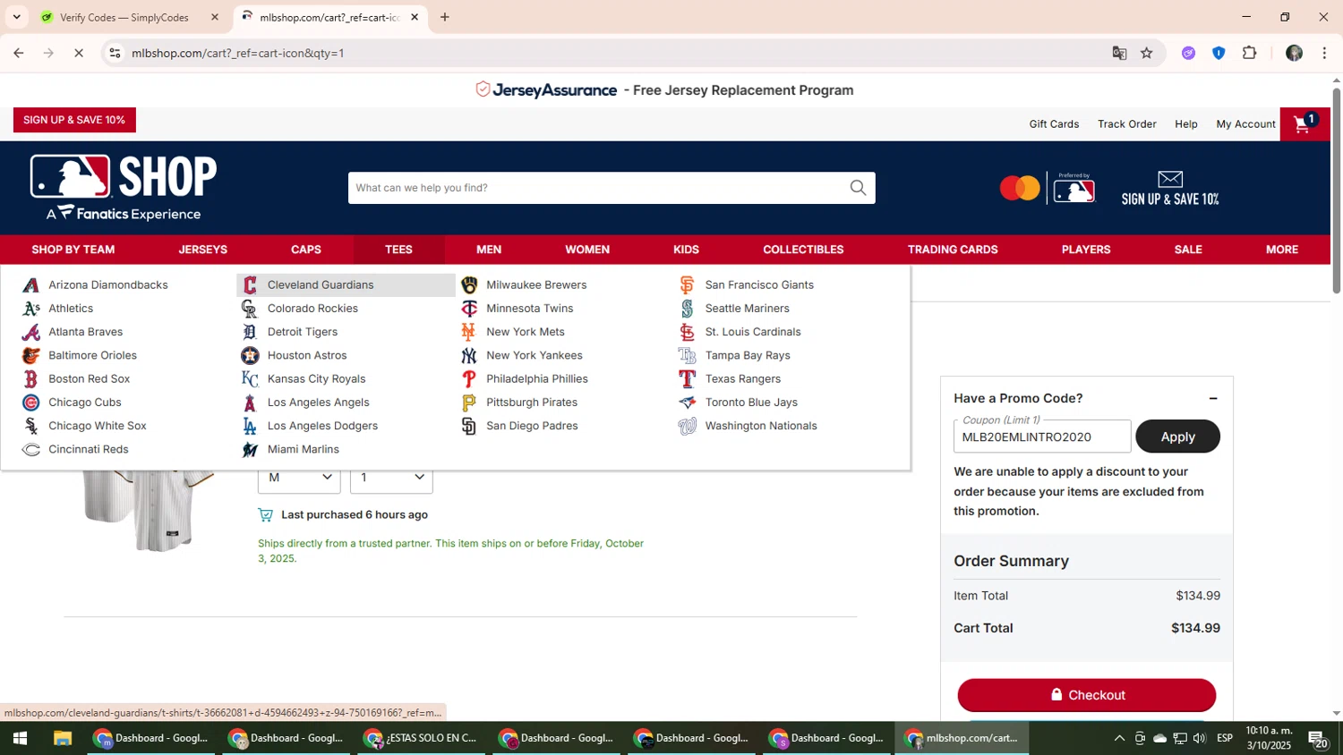 Pittsburgh Pirates promo code screenshot showing code MLB20EMLINTRO2020 applied at Pittsburgh Pirates checkout page. Uploaded by SimplyCodes community member CleverLynx6871 on Oct 3, 2025